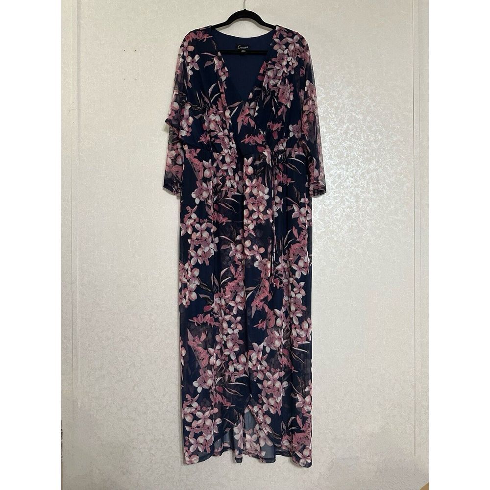 Connected Apparel Navy Sheer Long Sleeve Lined Floral Maxi Wrap Dress V-neck 20W